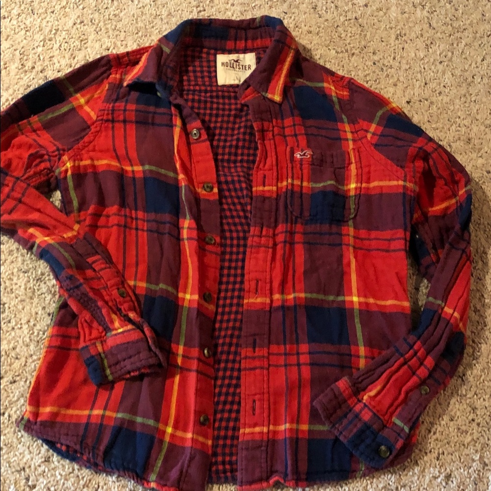 Hollister Red orange and Navy Plaid Flannel Shirt